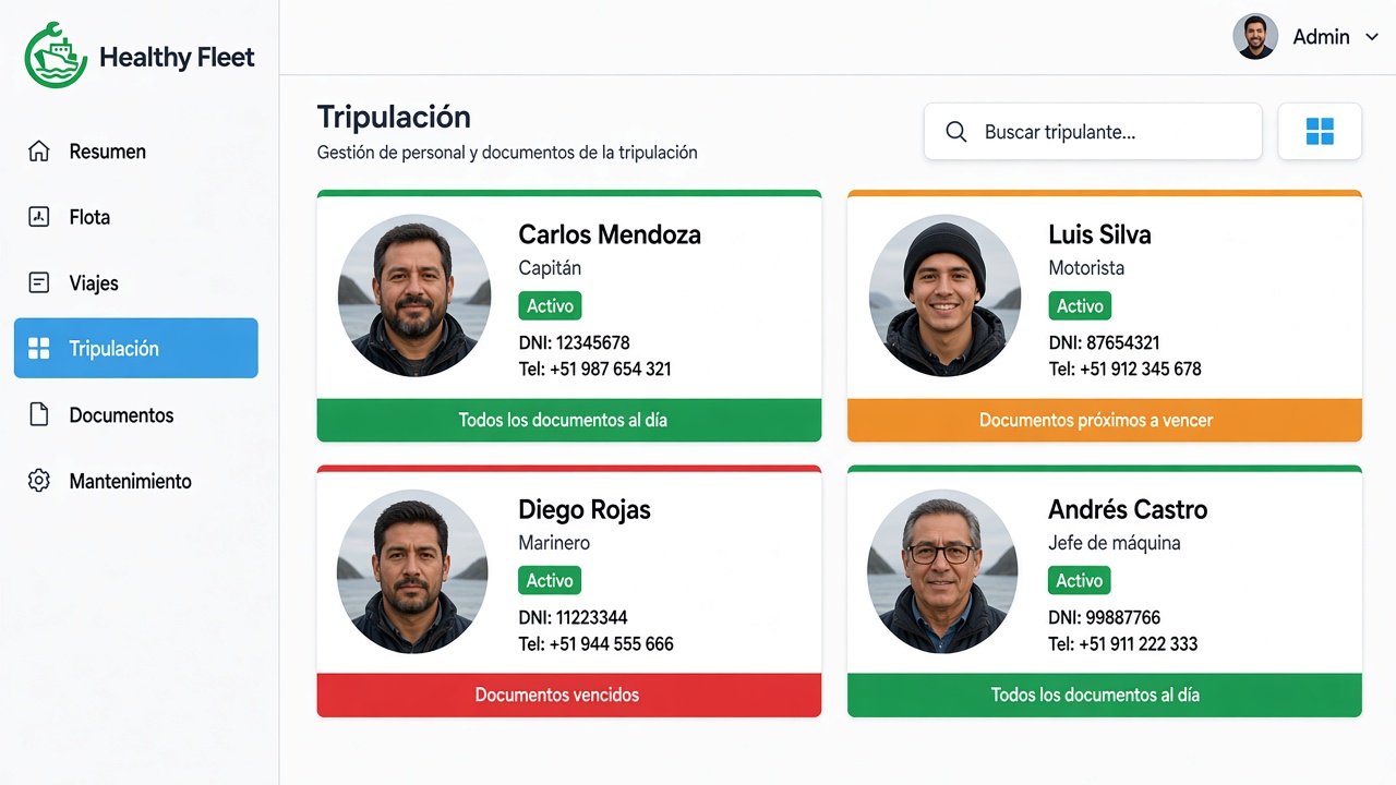 Captura de la grilla de tripulantes en Healthy Fleet con avatares y semáforo de documentos